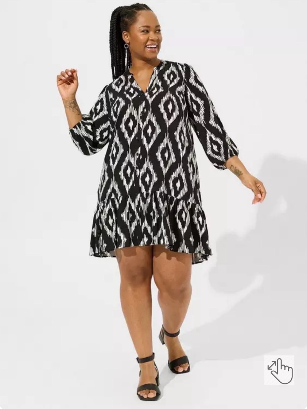Torrid Black & White Ikat V-Neck Tiered Mini Dress 2X
